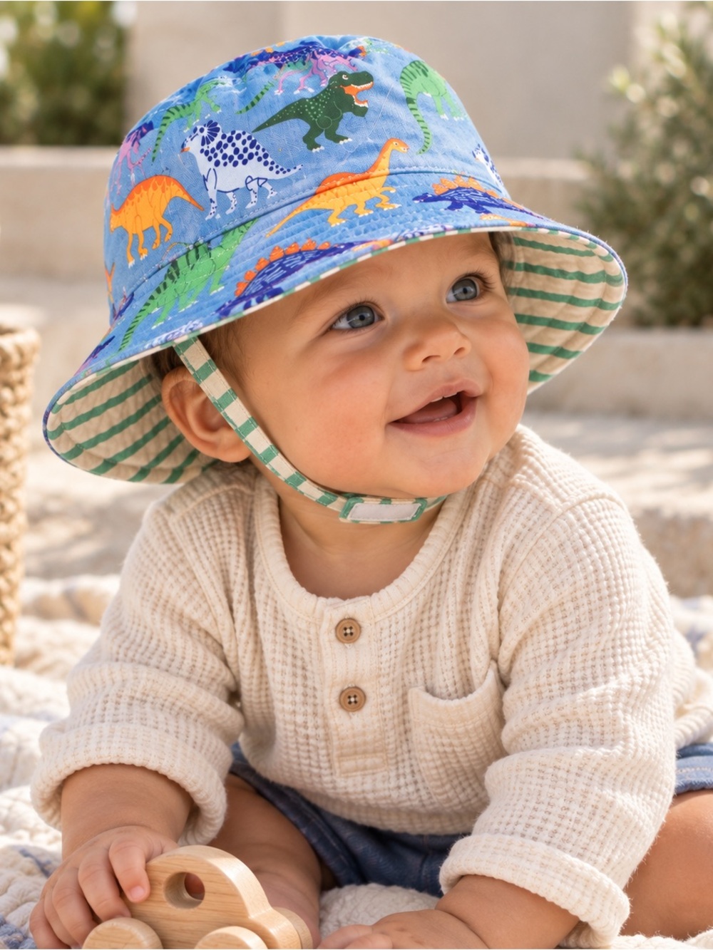 Boden Baby Boy Reversible Dinosaur Bucket Sun Hat w/ Velcro Chin Strap